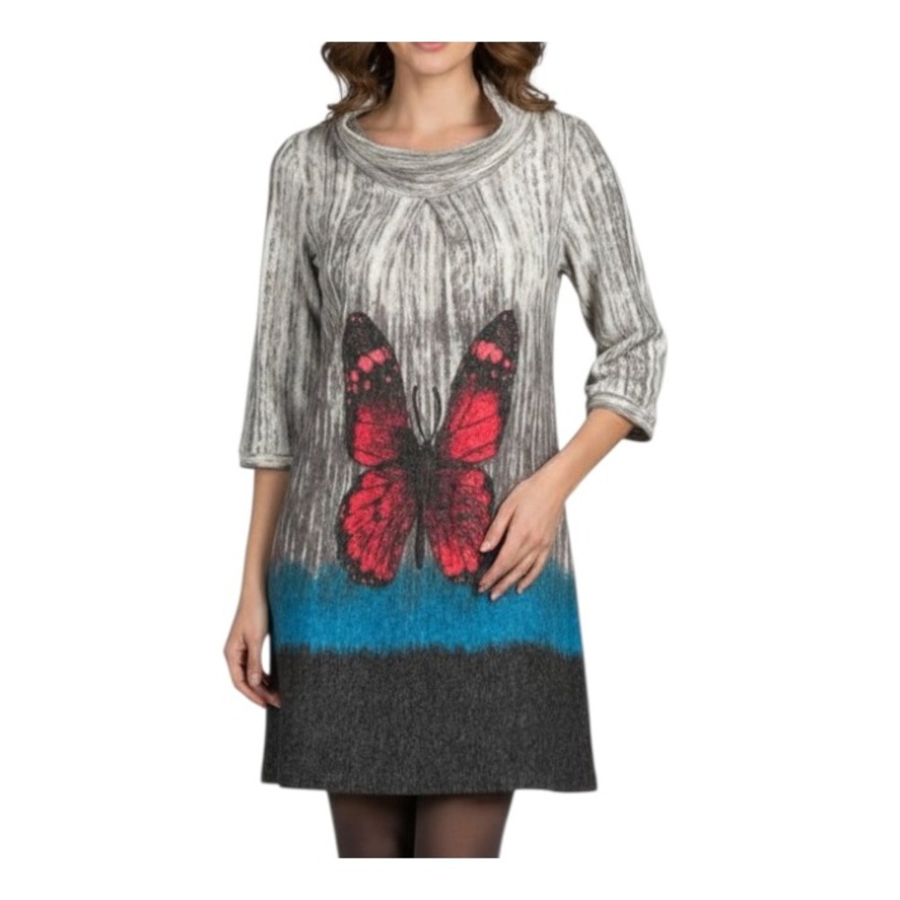 PAPILLON LOS ANGELES Gray/Multi BUTTERFLY PRINT Cowl Neck A-LINE Sweater Dress M